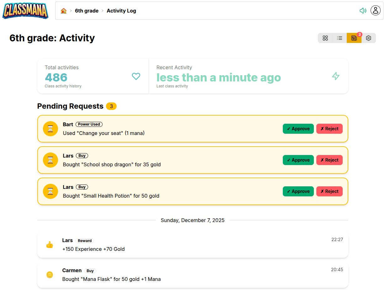 Сторінка активності з очікуючими запитами