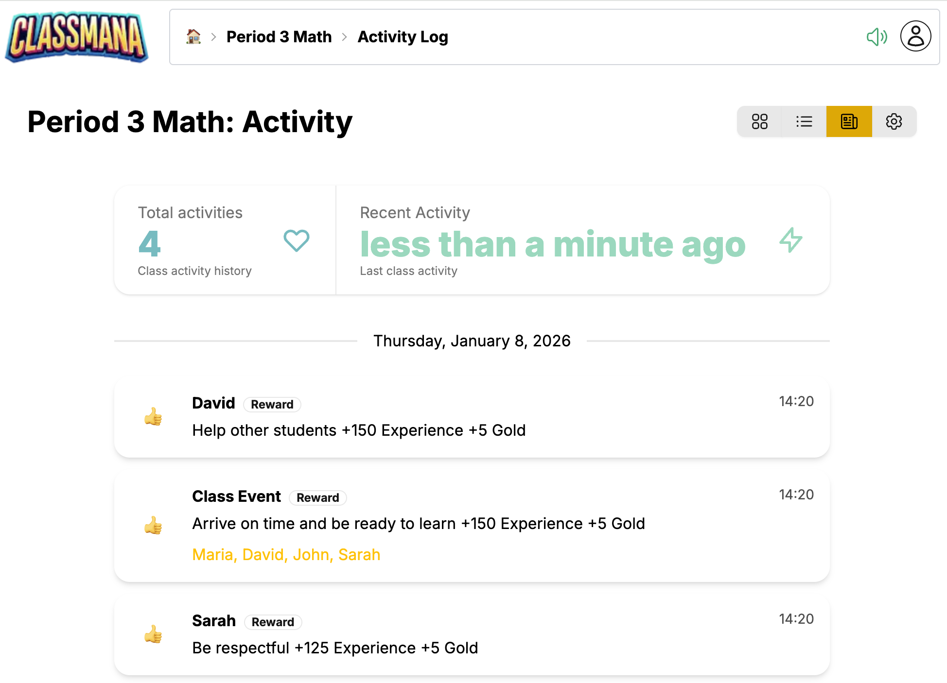 Вид журналу активності